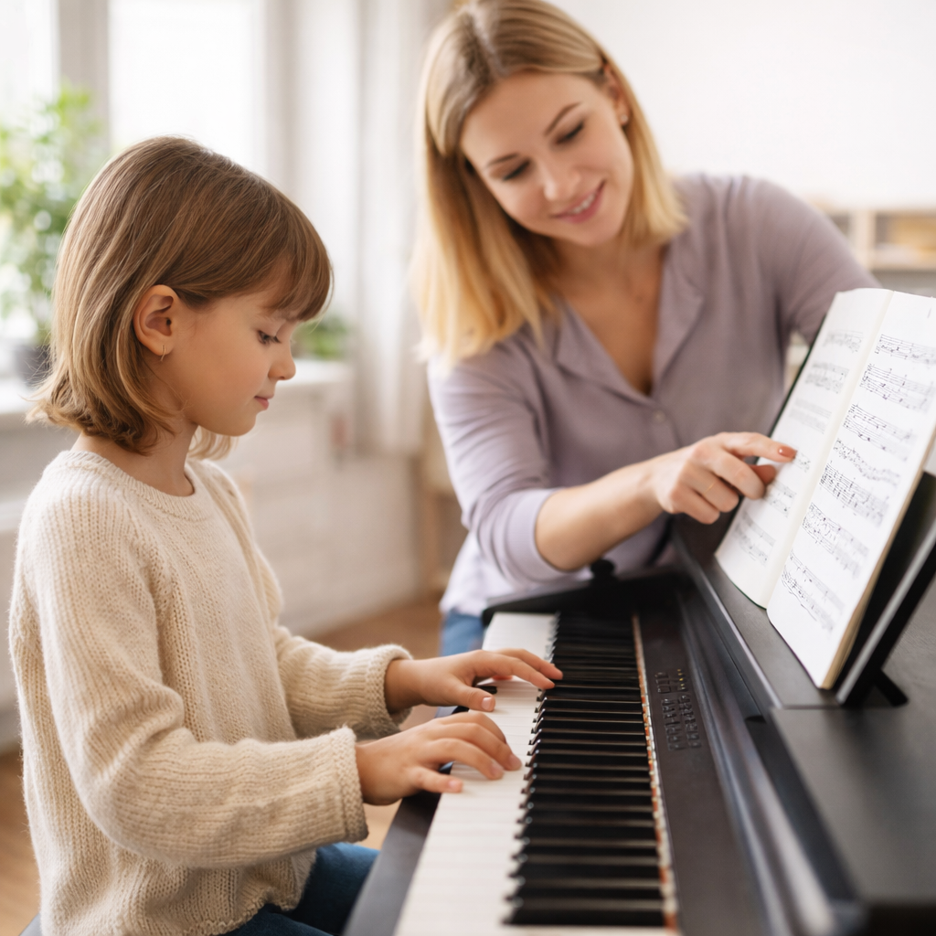 Παιδί σε μάθημα πιάνου με καθηγήτρια, διαβάζοντας νότες σε ηλεκτρονικό πιάνο