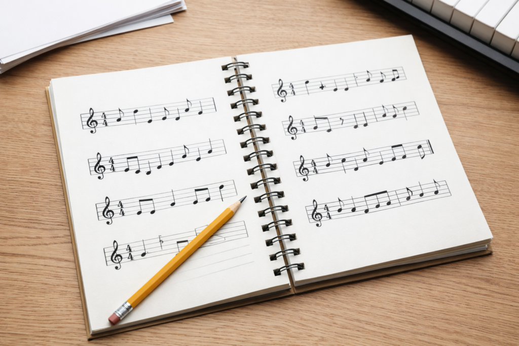 Sheet music and music theory notes in a study notebook