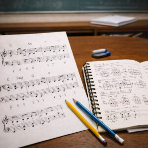 Μάθημα αρμονίας με ανάλυση συγχορδιών και θεωρητικές σημειώσεις σε αίθουσα ωδείου