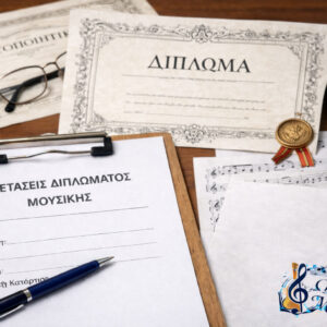 Υλικό εξετάσεων και διπλώμα μουσικής με λογότυπο Ωδείου Μελιγαλά