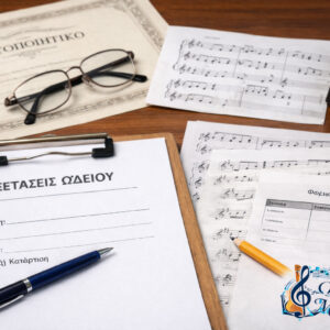 Υλικό εξετάσεων μουσικής με παρτιτούρες και λογότυπο Ωδείου Μελιγαλά