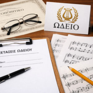 Έγγραφα εξετάσεων ωδείου και μουσικές σημειώσεις