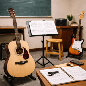 Μάθημα κιθάρας για αρχάριους σε αίθουσα ωδείου