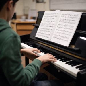 Σπουδαστής πιάνου σε μάθημα μέσης βαθμίδας σε ωδείο