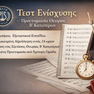 Σκηνή με πιάνο, παρτιτούρες και μετρονόμο – προετοιμασία για τεστ μουσικής θεωρίας