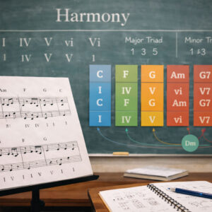 Μάθημα αρμονίας με ανάλυση συγχορδιών σε αίθουσα ωδείου
